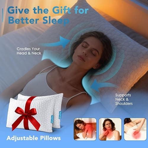 QUTOOL Cooling Pillow for Sleeping, CertiPUR-US Shredded Memory Foam Queen Pillows Set of 2, Cool Pillow for Hot Sleepers Adjustable Firm Pillow for Side, Back, Stomach Sleepers Soft Yet Support,White thumbnail 5