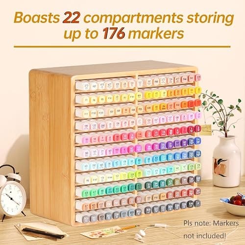 walowalo Marker Organizer Hold 176 Markers Birthday Gifts Bamboo Pen Holder Art Supply Pencil Storage Organizer with 22 Compartments All-in-One Marker Storage for Home Office Desk Classroom thumbnail 3