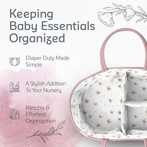KiddyCare Diaper Caddy Organizer for Baby Nursery Basket with Handle Lid | Nursing with Changing Table Organizer Cart, Newborn Caddy | Rosy (Floral Print) X-Large thumbnail 4