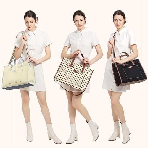 Missnine Laptop Tote Bag Canvas Laptop Bag 15.6 inch Work Shoulder Bags Casual Briefcase Handbag for Travel, Office, College (Black+Brown) thumbnail 2