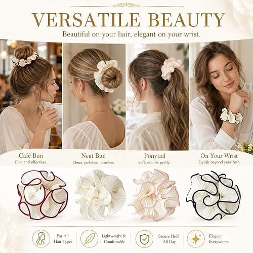 4-Pack Oversized Puffy Hair Scrunchies, Double Layer Satin Ruffle Hair Tie | Lightweight sheer fabric and wide ruffles add soft volume to ponytails, buns and half-up hairstyles without bulky clips. thumbnail 6
