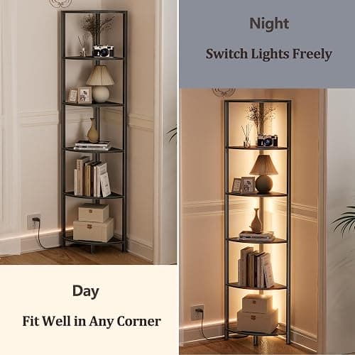 Furnulem 6 Tier Corner Shelf with LED Light, 67.5” Tall Standing Shelf Organizer, Black Narrow Bookshelf with Storage Rack for Wall Corner, Living Room, Bedroom, Metal Frame, Wood Display Shelf thumbnail 8