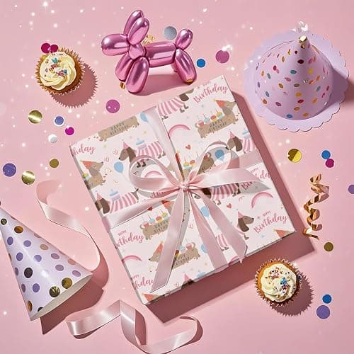 RUSPEPA Dog Birthday Wrapping Paper Roll for Girls, Mini Roll, Pink Dachshund with Cake, Balloon and Happy Birthday Text Design Gift Wrap for Kids, Pet Lovers, Puppy Party, 17 Inches x 16.4 Feet thumbnail 4