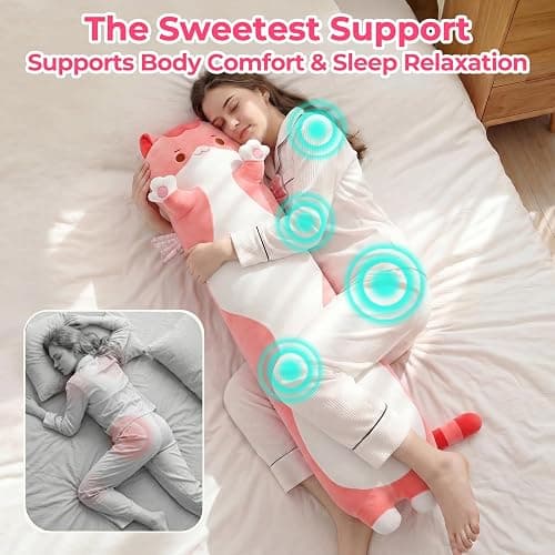 Mewaii Kids Body Pillow Pink Long Cat Plush 20 in, Extra Filling Soft Cute | Ultra-Soft Stretch Fabric, Huggable Cat Plush, For Bedtime, Sofa Back Cushion, Cute Kawaii Cat Design, Gift for Kids & Girls thumbnail 6