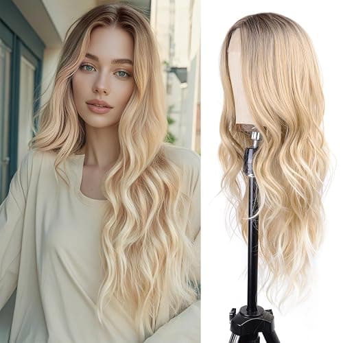 Long Ombre Blonde Wig for Women 26 Inch Long Wavy wig Middle Part Natural Looking Synthetic Heat Resistant Wigs with Dark Roots Balayage Culry Wig for Cosplay Halloween Daily Use - Image 1
