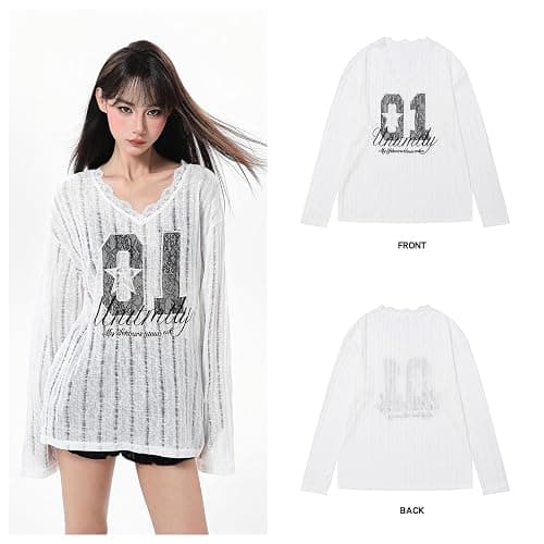 Women Goth T Shirt Harajuku Anime Graphic Y2K Tops Long Sleeve Off Shoulder Grunge Aesthetic Clothes thumbnail 5