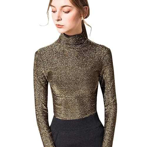 LONGBIDA Women's Slim fit Long Sleeve Turtleneck Glitter Tee Blouse Tops - Image 1