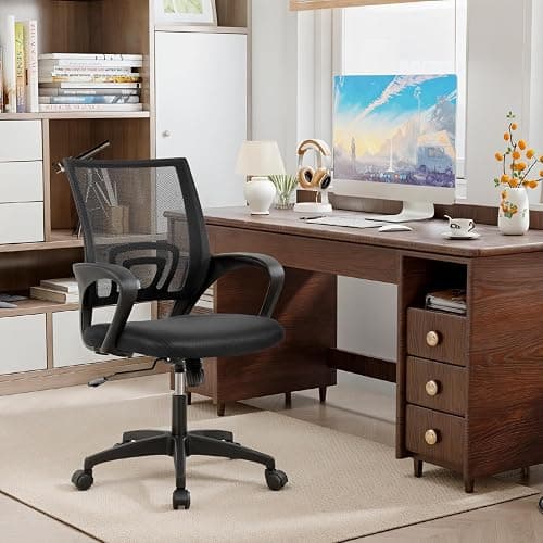 BestOffice | Ergonomic Office Chair | Mid-Back Swivel Desk Chair | Breathable Backrest & Lumbar Support | Adjustable Height | Sponge Seat | Rolling Wheels | Dark Black | for Adults & Women thumbnail 6