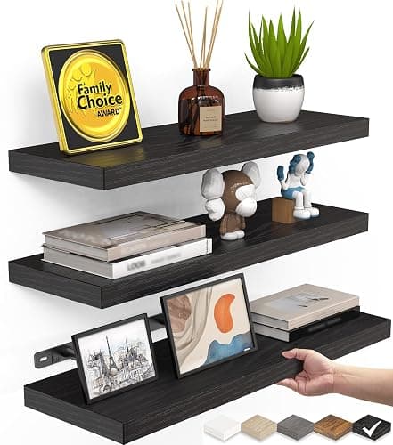BAYKA Floating Shelves for Wall, Wall Mounted Rustic Wood Shelves for Bathroom, Bedroom, Living Room, Kitchen, Hanging Shelf for Books/Storage/Room Decor with 22lbs Capacity (Black, Set of 3, 15.7in) - Image 1