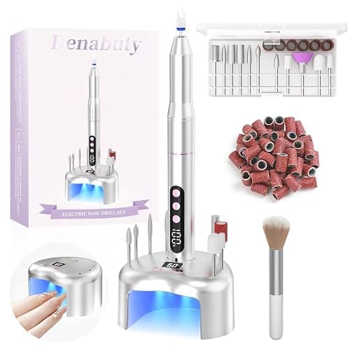 Denabuty Nagelfräser Kabellos, Elektrische Nagelfeile Professionelle 2 in 1 Fräser für Gelnägel Acrylnägel mit Nagel UV LED Lampe, Maniküre und Pediküre Set Nail Drill 35000 U/Min Silber - Image 1