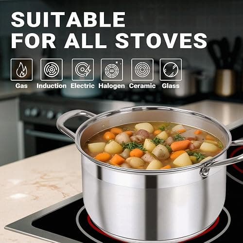 Kirecoo Stainless Steel Stock Pot - 8 Quart Heavy Duty Induction Cooking Pot with Visible Lid for Pasta, Soup, Spaghetti, Nonstick Thick Bottom Big Stockpot, Deep Cookware for Canning, Boiling, Simmer thumbnail 6