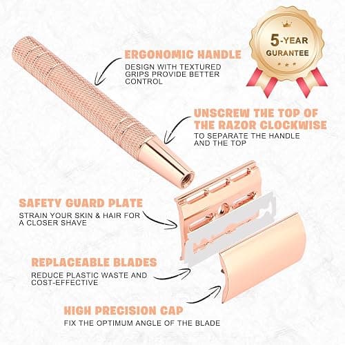 Rose Gold Double Edge Safety Razor, Single Blade Razors for Women, with 10 Platinum Coated Safety Razor Blades, 1 Blade Razors, Anti-slip Handle, Metal Material, Reusable, Eco-friendly, Smooth Shaving thumbnail 8