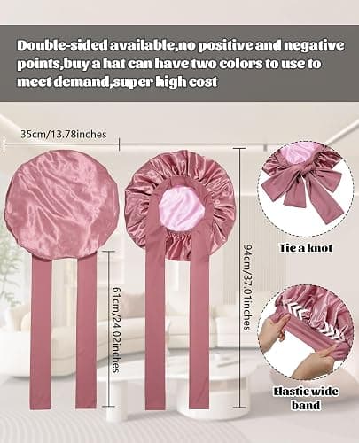 Satin Bonnet for Sleeping Cap Double Layer Hair Bonnet with Elastic Tie Band for Curly Hair Night Cap (Bean Paste + Pink) thumbnail 3