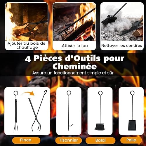 GYMAX Range-Bûches à Roulettes à 4 Niveaux pour Intérieur Extérieur, Porte-bûches avec 4 Outils, Support à Bois de Chauffage en Métal, Organisateur de Bois de Cheminée, Chaque Étagège Charge 60kg thumbnail 4