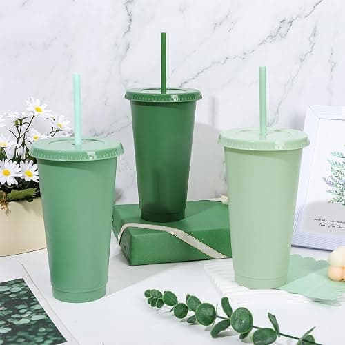 Whaline 12Pcs Sage Green Plastic Cups with Flat Lids and Straws, 24 Oz Gradient Green Reusable Tumbler Travel Mug Cup Party Drinkware Decor for Iced Coffee Beverage Drinks Party Supply thumbnail 2