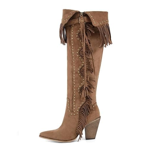 MissHeel Studded Fringe Boots for Women Knee High Boho Western Boots - Image 1