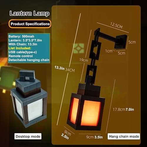 Pixelated Lantern Night Light, 2026 Xmas Gift LED 16 Colors Change Hanging Lantern Lamp from Minecraft - Rechargeable Wall Tabletop Night Lights for Gamer Boys Girls Man Bedroom Game Room Wall Decor thumbnail 6