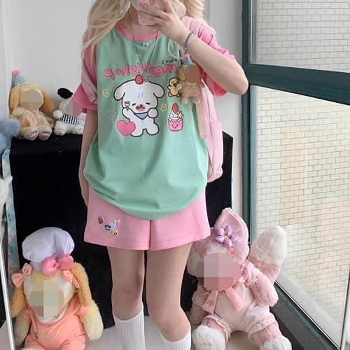 Pokn Y2k Kawaii Shirts for Women Cartoon Graphic Cute Cat Tees Off Shoulder Cutecore Shirts Harajuku Fashion Top thumbnail 2