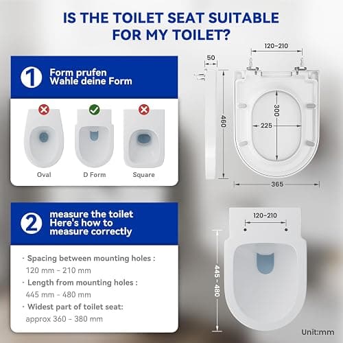 DERW D Shaped Soft Close Toilet Seat, Heavy Duty Premium Thermoplastic, Quick Release, Easy Clean and Install with Alignment Guide, Durable White Toilet Seat - 46cm x 36.5cm x 5cm thumbnail 2