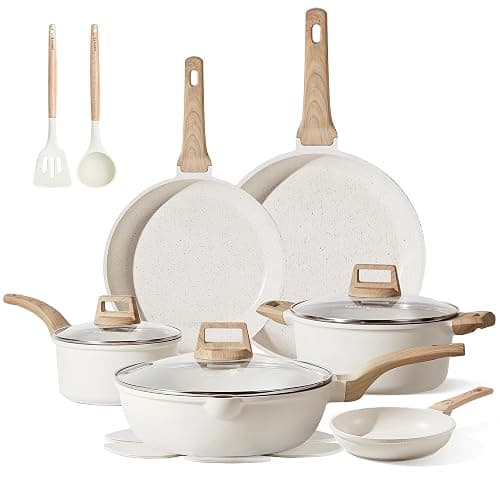 CAROTE 16 Piece Cookware Set, Nonstick Pots and Pans, Induction Cookware Cooking Set with Frying Pans, Saucepans, Saute Pan - Cream White - 16 Piece - Image 1