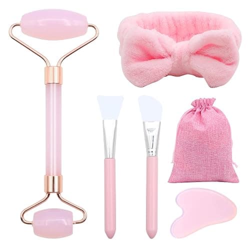 VEGCOO Rose Quartz Face Roller Gua Sha Set, Pink Jade Roller for Women, Gua Sha Stone Massage Tool for Skincare, Facial, Neck and Body Muscle Relaxing - Image 1