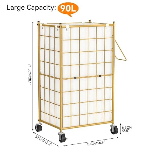 WOWLIVE Laundry Hamper with Wheels,Metal Wire Frame Rolling Laundry Basket with Removable bag,100L Dirty Clothes Hamper Organizer Dorm Room Storage for Bedroom,Bathroom,Golden thumbnail 3