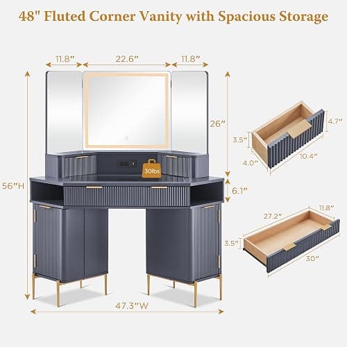 T4TREAM Corner Vanity Desk with Mirror and Lights, 48" Modern Fluted Makeup Vanity with Glass Top, 3-Panel Lighted Mirror & Charging Outlet, Dressing Table with 3 Drawers & 2 Cabinets, Dark Grey thumbnail 2