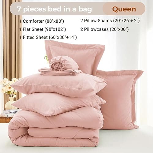MUXHOMO Queen Comforter Set 7 Pieces, Soft Bed in a Bag, Rose Gold | All Season Queen Size Bedding Set with Comforter, Flat & Fitted Sheets, Pillowcases & Shams, OEKO-TEX Down Alternative Fill thumbnail 4