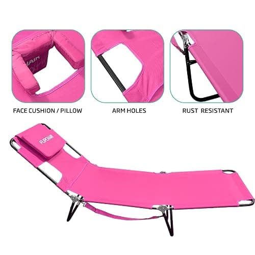 Face Down Tanning Chaise Lounge Chair - Face & Arm Holes - 2 Legs Support - Polyester Material – Backrest Positions - Head Rest Pillow - Beach or Home Use - Read and Tan - Pink Stripes Pattern thumbnail 7