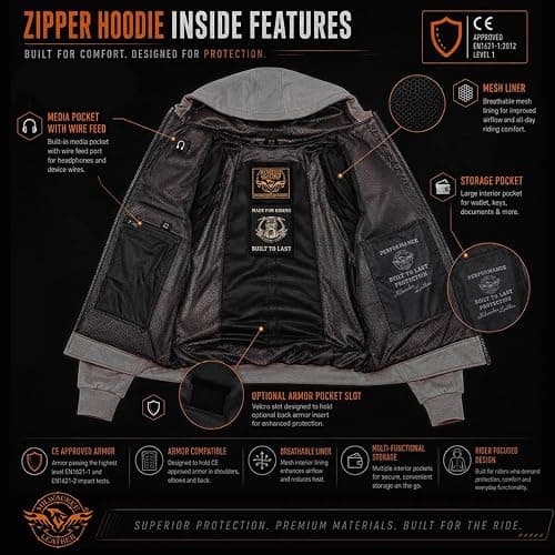 Milwaukee Leather Men's Streetguard Riding Hoodie - Aramid Reinforced with CE Shoulder and Elbow Armor - Large Black thumbnail 5