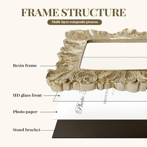 Cuspin 5x7 Picture Frame Gold Frames, Vintage Ornate Palm Leaves Textured Hand-Crafted Resin Frame with Glass Front, Elegant Retro Photo Frame for Wall and Tabletop Display Home Decor thumbnail 5