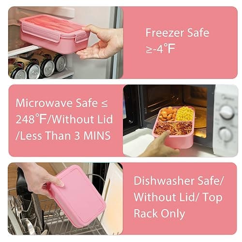 Caperci Classic Bento Box Adult Lunch Box for Older Kids - Leakpoof 47 oz 3-Compartment Lunch Containers for Adults and Teens, Built-in Utensil Set, Ideal for On-the-Go Balanced Eating, Pink thumbnail 7
