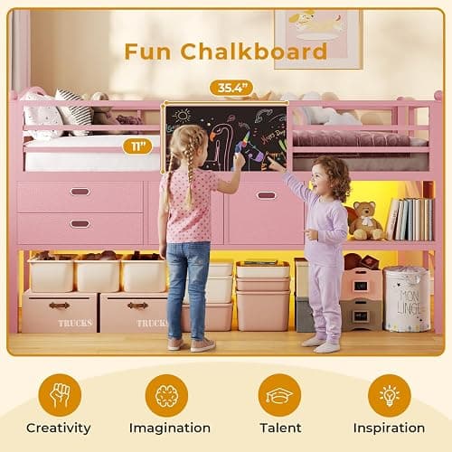 ADORNEVE Low Loft Bed Twin Size with Trundle & LED Lights, Kids Loft Bed with 4 Storage Drawers & Open Cubbies & DIY Pegboard, Twin Loft Bed with Safety Guardrail,Under-Bed Play Zone, Pink thumbnail 9