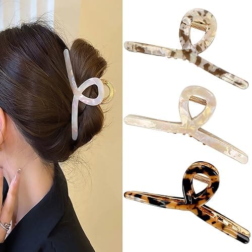 3 Pack Large Metal Acetate Hair Claw Clips Big Non Slip Hair Clamp for Women Hair Accessories as Gift for Medium to Thick Hair (3pcs/box,Ivory White,Gray,Leopard Print) - Image 1