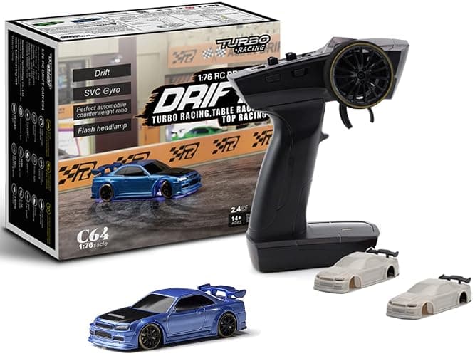 FLYCOLOR Turbo Racing 1:76 Scale Drift RC Car with Gyro Mini Full Proportional RTR 2.4GHZ Remote Control with 2 Replaceable Body Shell (C64-BLUE) - Image 1