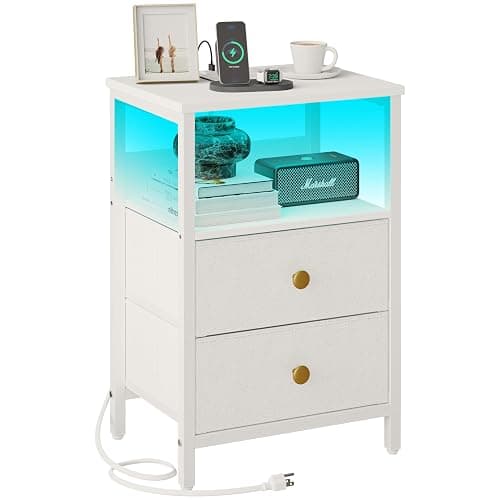 JOONEE White Nightstand with Outlet and LED Lights, Modern Bedside Table with Drawers, Small Night Table for Living Room, Bedroom - Image 1