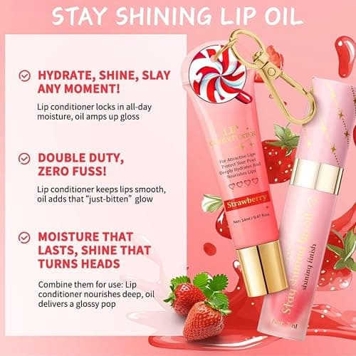 Lip Conditioner & Lip Oil Set,Moisturizing Lip Care Set,Hydrating Lip Balm Set for Dry & Chapped Lips,Day & Night LipGloss Balm Kit,Gifts for Teenager Girl (Strawberry) thumbnail 4