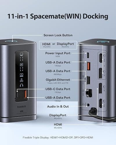 Baseus Docking Station, Spacemate(Win) 11 in 1, Triple Display, 4K HDMI and DP, 10Gbps USB A/C Ports, Gigabit Ethernet, 100W PD, Audio, Laptop Docking Station for Windows/Dell/HP/Lenovo/Asus/Acer/Mac thumbnail 2
