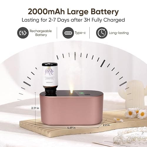 Lecdura Waterless Diffuser for Essential Oil, Battery Operated Scent Air Aromatherapy Diffuser, Mini Aroma Diffusers with 3 Intermittent Mist Modes, Cycle Start for Home Office Bedroom - Rose Gold thumbnail 4