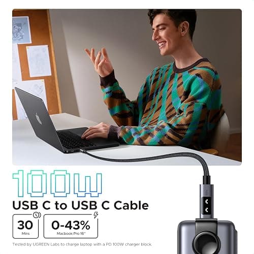 UGREEN Uno USB C to USB C Cable 100W Fast Charging Cable Type C Charging Cord with LED Display for iPhone 17/17 Air/17 Pro/17 Pro Max/16, MacBook Pro/Air, iPad Pro/Air, Galaxy S25 Ultra 10FT Black thumbnail 2
