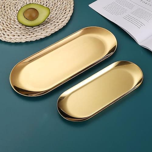 9 Inch x 3.8 Inch Trinket Tray Gold Oval Stainless Steel Small Serving Trays Towel Storage Plate Tea Fruit Trays Jewelry Plate Decorative Storage Tray (2 Gold, Medium) thumbnail 2