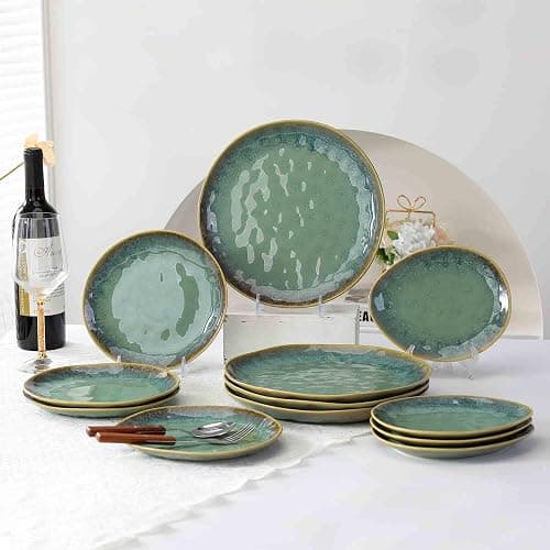 Henten Home Ceramic Appetizer Plate Set, 6.75 Inch Dessert Plates, Reactive Glaze Serving Plates for Snack, Sushi, Set of 4, Microwave & Dishwasher Safe (Green) thumbnail 7