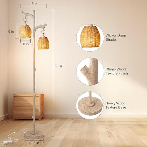 68" High Farmhouse Rustic Country Cottage Floor Lamp Tree Trunk Faux Wood Column White Washed Wicker Drum Shade Decor for Living Room Bedroom Reading Room thumbnail 7