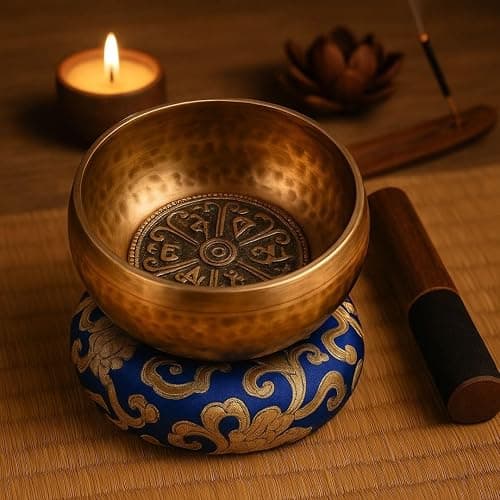 Zenamaste • Bol Tibétain Chantant Méditation Fait à la main à Bhaktapur (Népal) - 450gr ⌀11,5cm - Coffret Zen - Papier népalais - Coussin Bol Chantant (Métaux Anciens Chakra) - Maillet Bois thumbnail 2