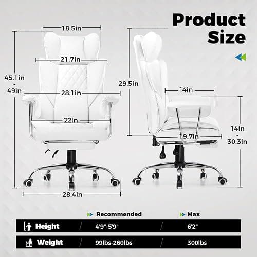 COMHOMA Big and Tall Office Chair, High Back Leather Gaming Chairs with Footrest, Executive Ergonomic Office Chair with Pocket Spring Lumbar Support and with Outward Fixed Soft Armrests thumbnail 2