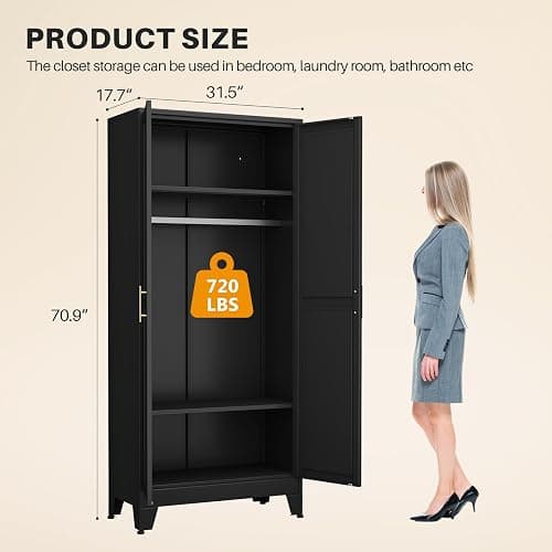 winiowa Metal Armoire Wardrobe Closet with 2 Mirror Doors, 71" Wardrobe Cabinet with Adjustable Shelves and Hanging Rod, Clothing Storage Cabinet Closet with Mirror for Bedroom-Black thumbnail 2