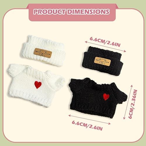 EUPSIIU 2 Pack Doll Outfits, 17CM Black & White Heart-themed Doll Outfit for Clothing with Hat, Cute Dress-Up Set for Plush Dolls & Dolls Accessories (Black,White) thumbnail 3