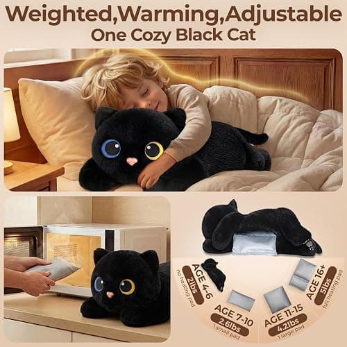 Mewaii Weighted Stuffed Animals with Microwavable Heating Pad - 5 lbs Adjustable, Heatable & Coolable Stuffed Animal for Realistic Hug, Removable Inner Pad, Plush Gifts for Kids (Black, 23 Inch) thumbnail 6