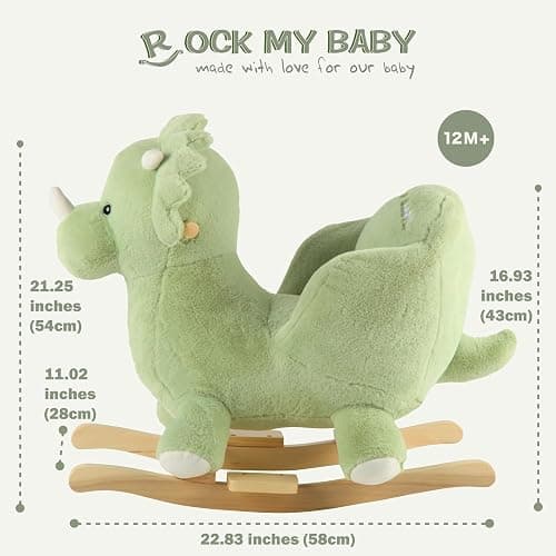 Rock My Baby Plush Rocking Horse - Soft Stuffed Body,Safety Seat Chair, Wooden Rockers, Music Button – Toddler Ride-On Toy for Ages 1–3 (green) thumbnail 3
