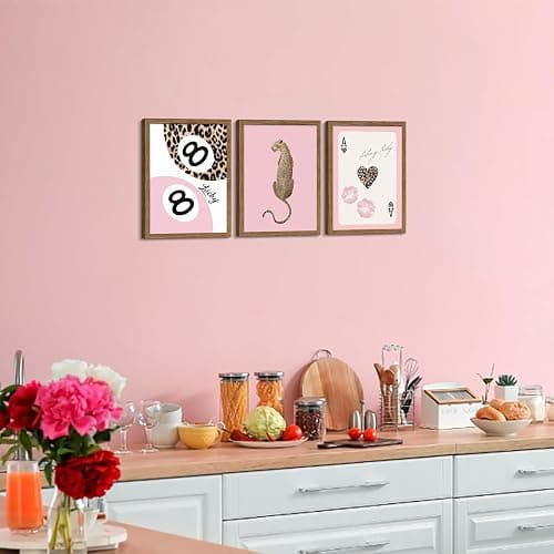 Framed Pink Trendy Wall Art Set of 3, Cheetah Print and Lucky 8 Ball Pictures Wall Decor, Vintage Preppy Paintings Canvas Prints Y2K Aesthetic Room Decor for Teen Girls Room Bedroom Bathroom 12x16 Inch Ready to Hang thumbnail 8